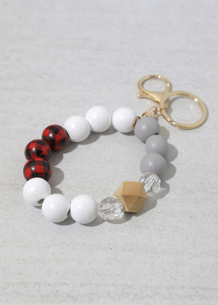 Plaid-Wood Bead Keychain Bracelet Gold/Red ACCESSORIES - Shop Miss A