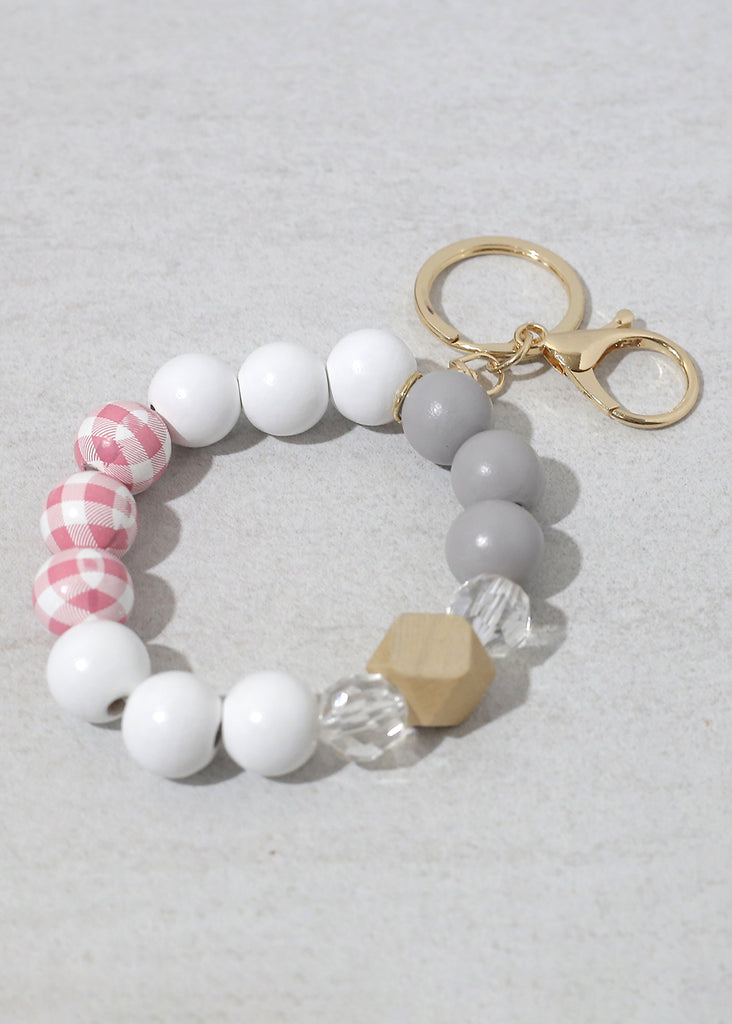Plaid-Wood Bead Keychain Bracelet Gold/Pink ACCESSORIES - Shop Miss A