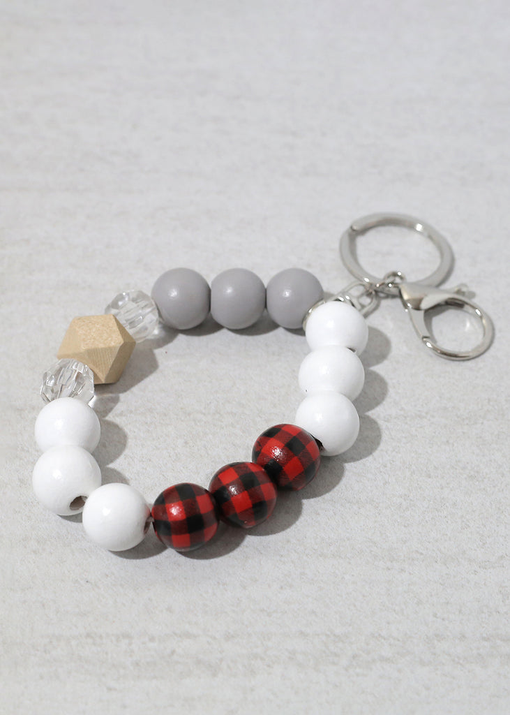 Plaid-Wood Bead Keychain Bracelet Silver/Red ACCESSORIES - Shop Miss A