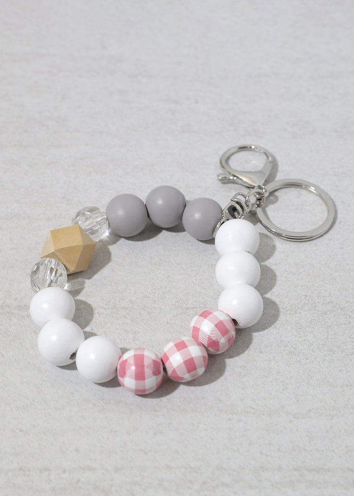 Plaid-Wood Bead Keychain Bracelet Silver/Pink ACCESSORIES - Shop Miss A