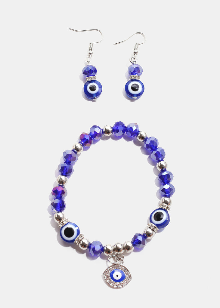 Colorful Evil Eye Bracelet & Earring Set S. Blue JEWELRY - Shop Miss A