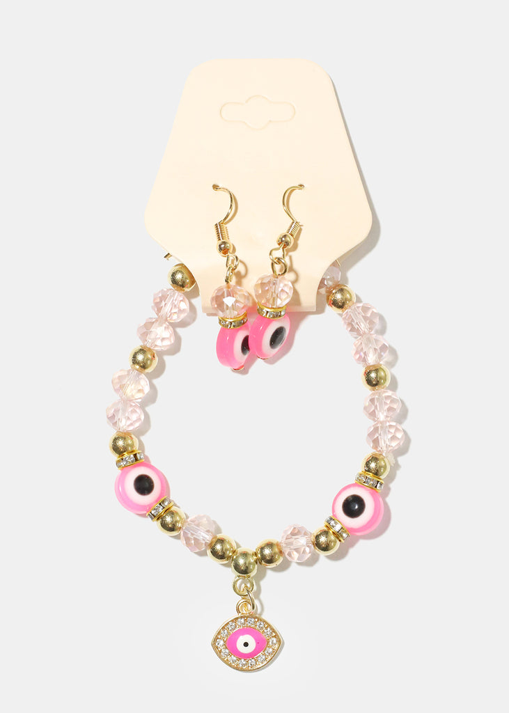 Evil Eye Earring and Bracelet Set G. Pink JEWELRY - Shop Miss A