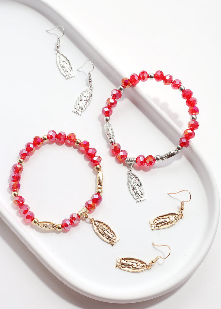 Red Virgin Mary Bead Bracelet & Earring Set  JEWELRY - Shop Miss A