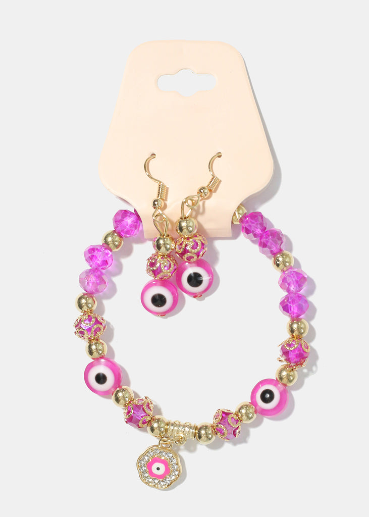 Evil Eye Bracelet & Earring Set G. Pink JEWELRY - Shop Miss A