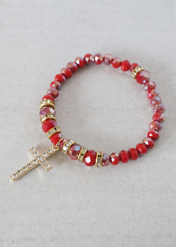 Beaded Cross Bracelet Red JEWELRY - Shop Miss A