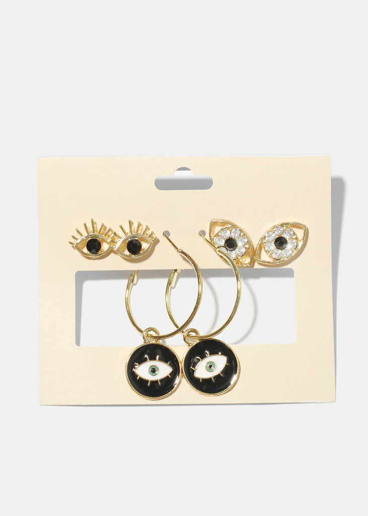 3 Pair Evil Eye Earrings G. Black JEWELRY - Shop Miss A