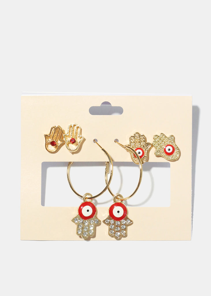 3 Pair Hamsa Hand Earrings G. Red JEWELRY - Shop Miss A