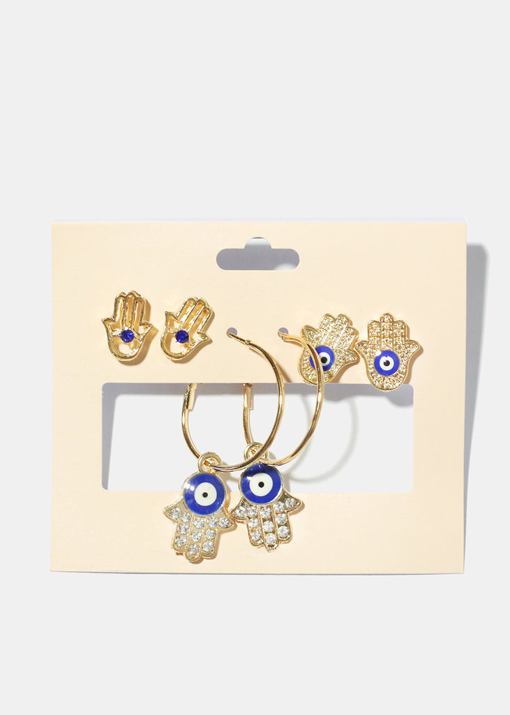 3 Pair Hamsa Hand Earrings G. Blue JEWELRY - Shop Miss A