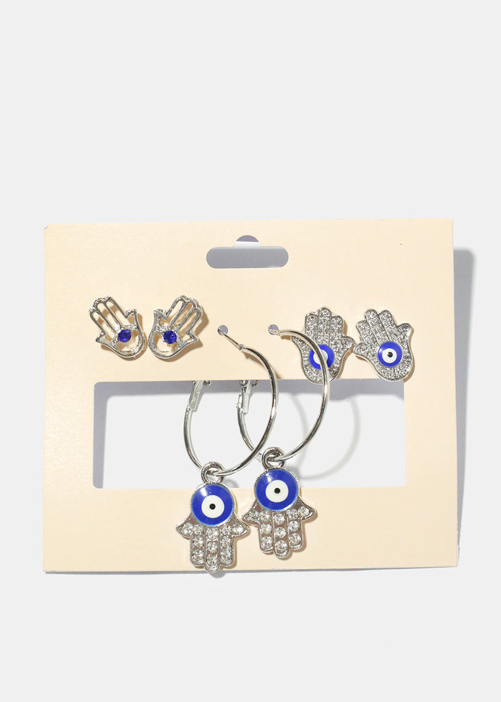 3 Pair Hamsa Hand Earrings S. Blue JEWELRY - Shop Miss A