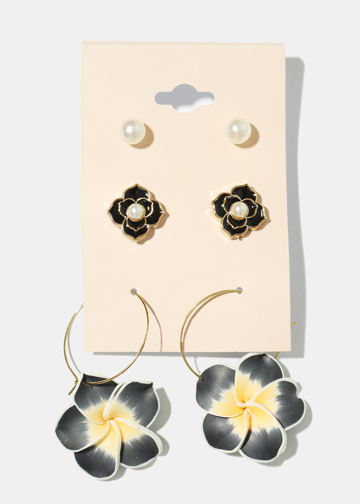 3 Pair Hawaiian Flower Earrings Black JEWELRY - Shop Miss A