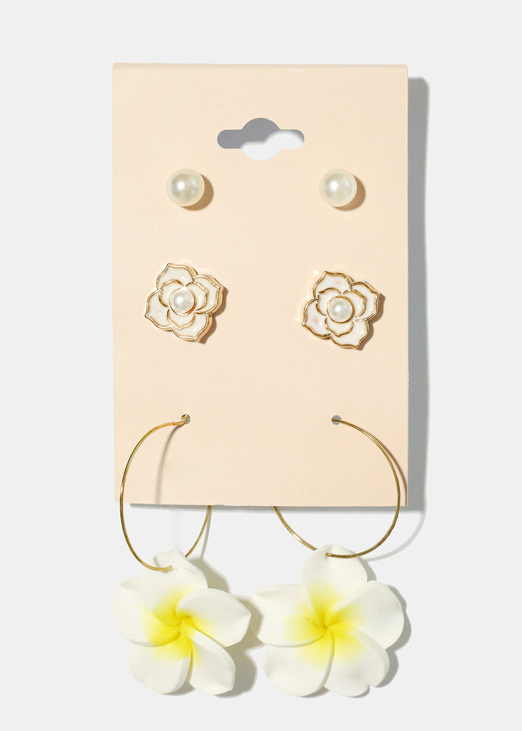 3 Pair Hawaiian Flower Earrings White JEWELRY - Shop Miss A