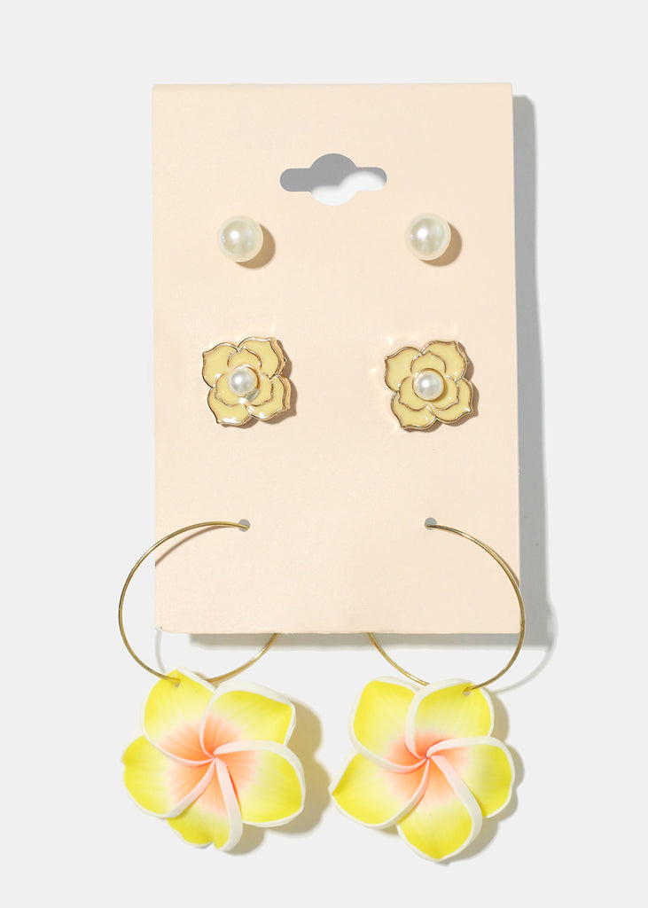 3 Pair Hawaiian Flower Earrings Yellow JEWELRY - Shop Miss A