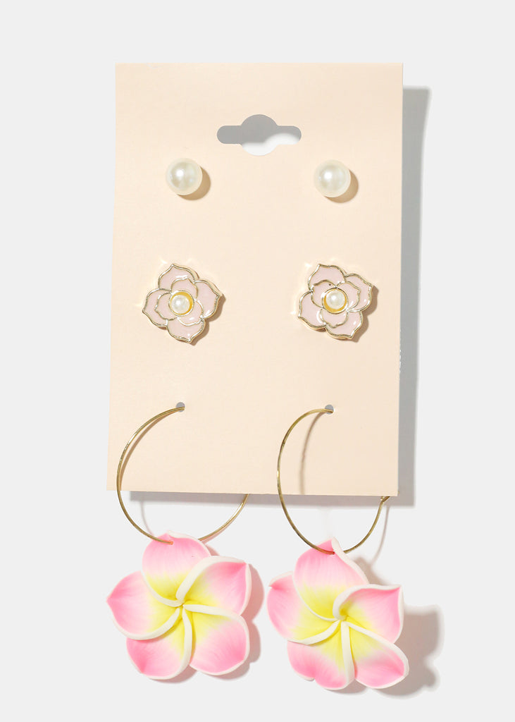 3 Pair Hawaiian Flower Earrings Pink JEWELRY - Shop Miss A