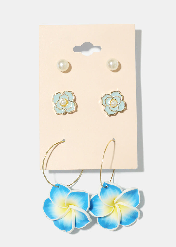 3 Pair Hawaiian Flower Earrings Blue JEWELRY - Shop Miss A