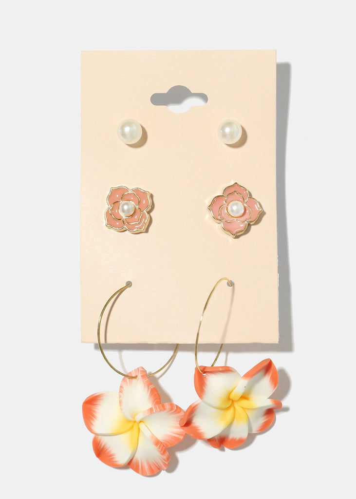 3 Pair Hawaiian Flower Earrings Orange JEWELRY - Shop Miss A