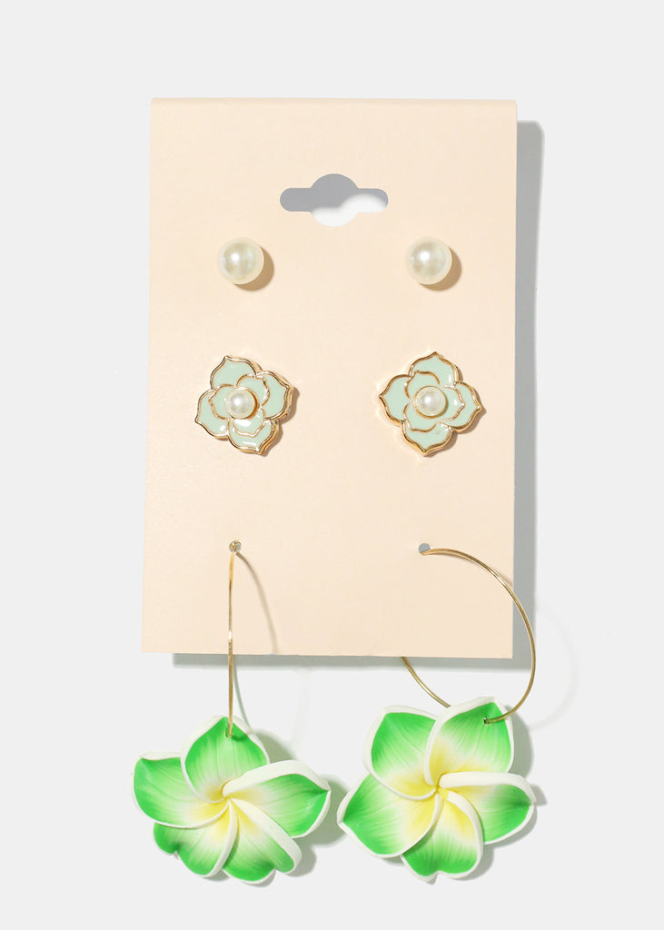 3 Pair Hawaiian Flower Earrings Green JEWELRY - Shop Miss A