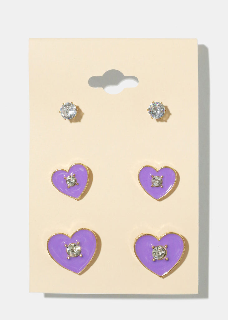 3 Pair Heart Earrings G. Purple JEWELRY - Shop Miss A