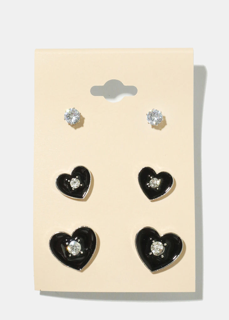 3 Pair Heart Earrings Black JEWELRY - Shop Miss A