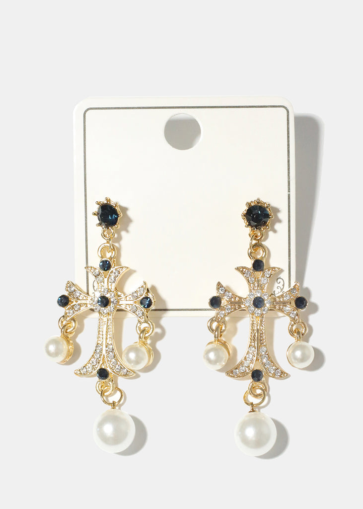Pearl and Rhinestone Cross Earrings G. Navy JEWELRY - Shop Miss A