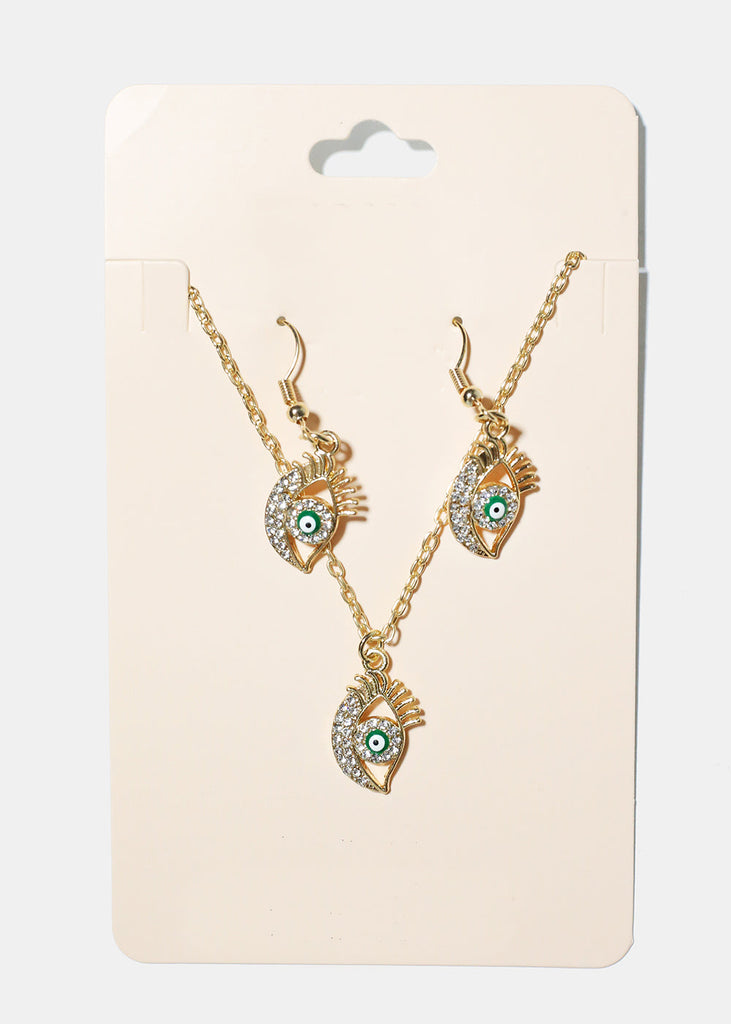 Evil Eye Necklace & Earring Set Green/Gold JEWELRY - Shop Miss A