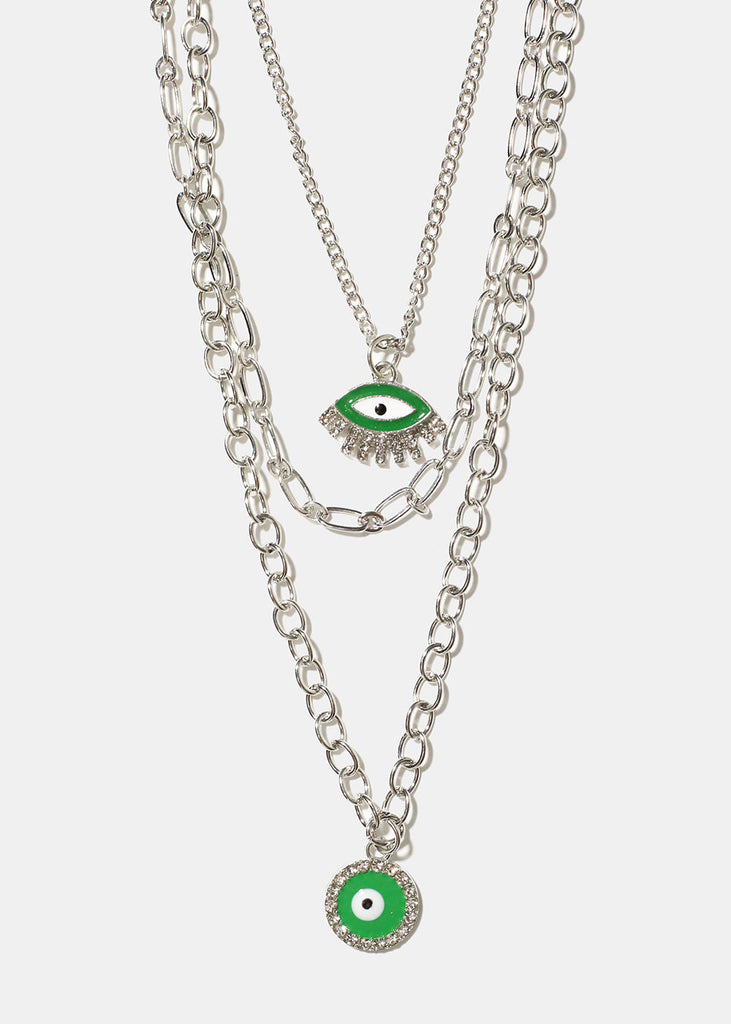 Layered Evil Eye Necklace Green/Silver JEWELRY - Shop Miss A