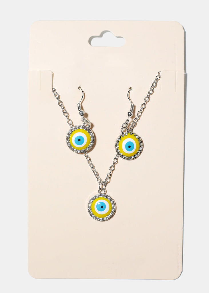 Evil Eye & Necklace Earring Set Yellow/Silver JEWELRY - Shop Miss A