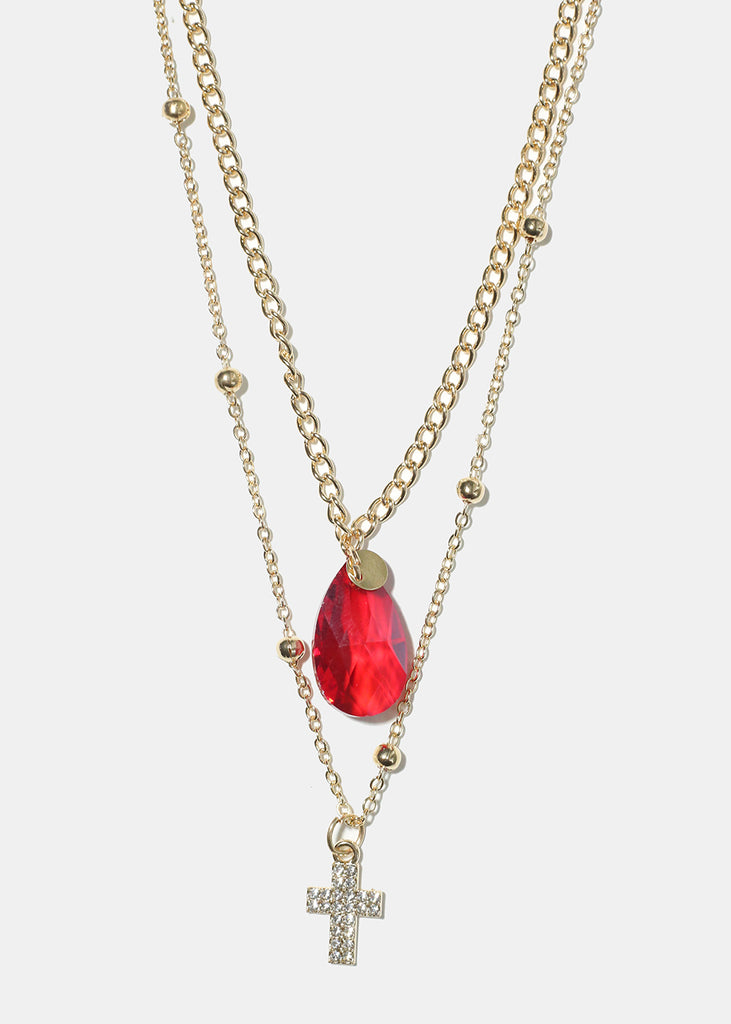 Teardrop Cross  Layered Necklace Red JEWELRY - Shop Miss A