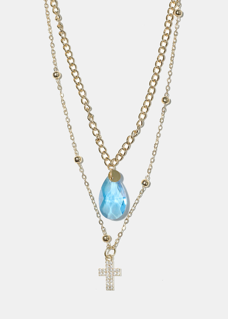 Teardrop Cross  Layered Necklace Blue JEWELRY - Shop Miss A
