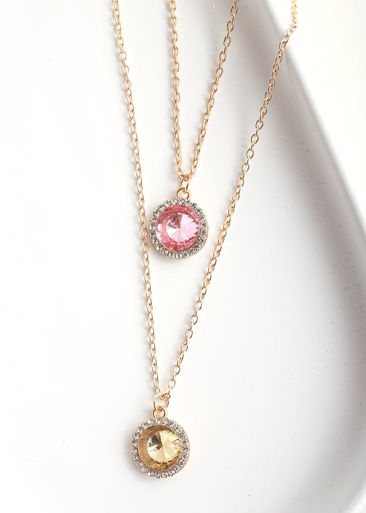 Circle Gem Layered Necklace G. Pink JEWELRY - Shop Miss A