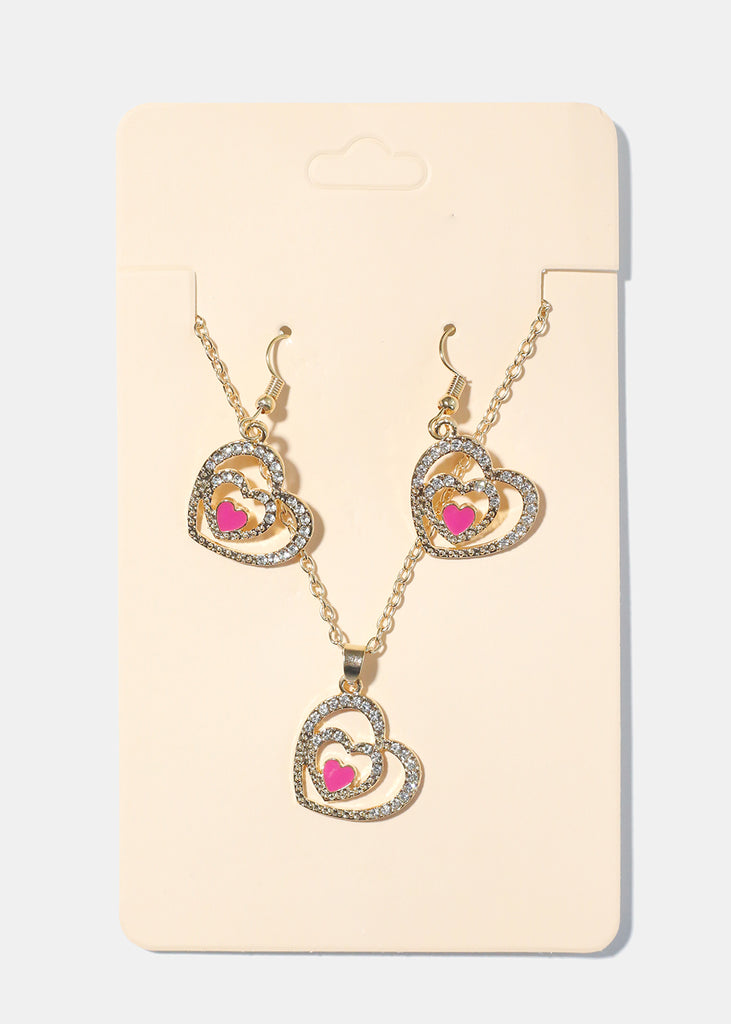 Double Heart Necklace with Earrings G. Pink JEWELRY - Shop Miss A