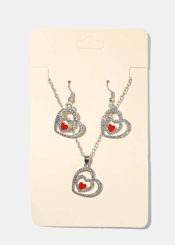 Double Heart Necklace with Earrings S. Red JEWELRY - Shop Miss A