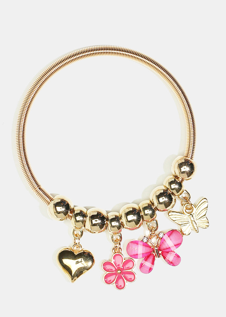 Flower & Butterfly Charm Coil Bracelet Gold Pink JEWELRY - Shop Miss A