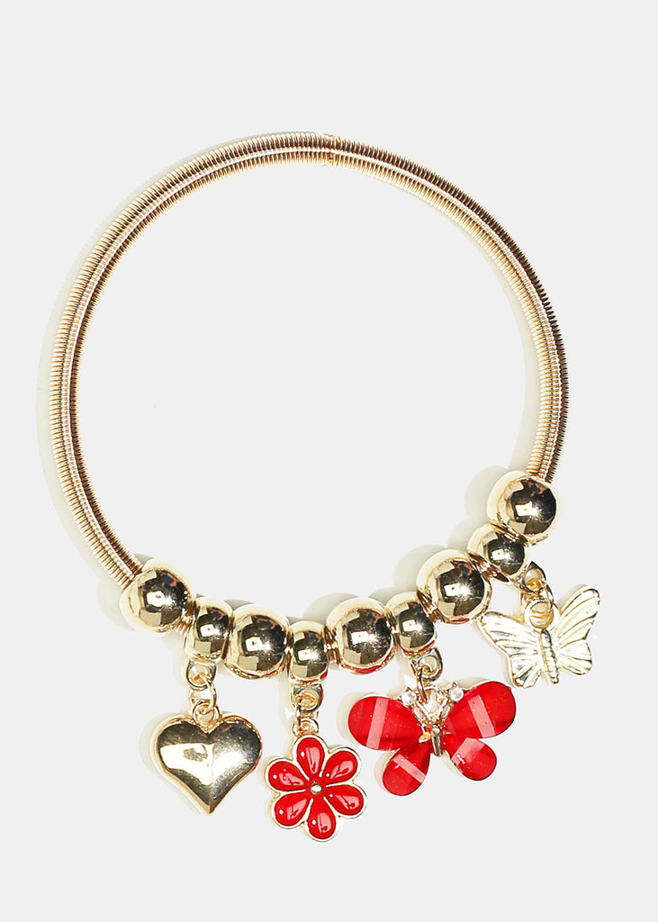 Flower & Butterfly Charm Coil Bracelet Gold Red JEWELRY - Shop Miss A