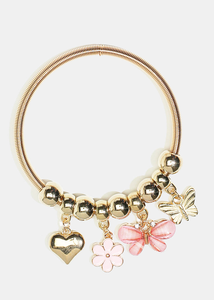 Flower & Butterfly Charm Coil Bracelet Gold Light Pink JEWELRY - Shop Miss A