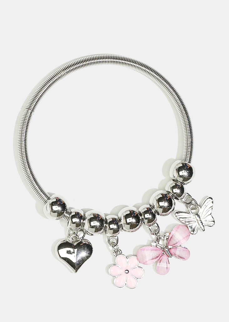 Flower & Butterfly Charm Coil Bracelet Silver Light Pink JEWELRY - Shop Miss A