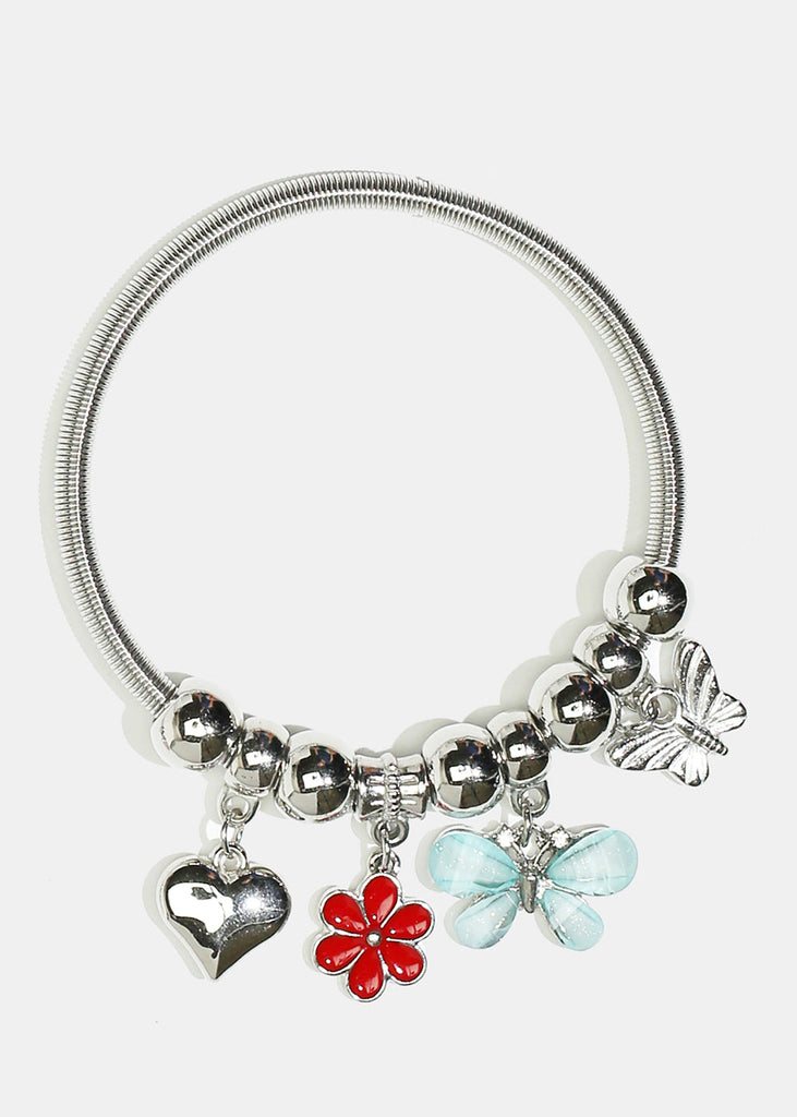 Flower & Butterfly Charm Coil Bracelet Silver Blue JEWELRY - Shop Miss A
