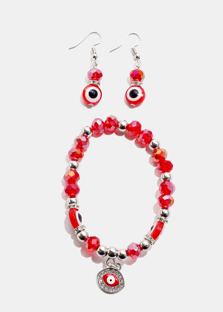 Red Evil Eye Bead & Earring Set Silver JEWELRY - Shop Miss A