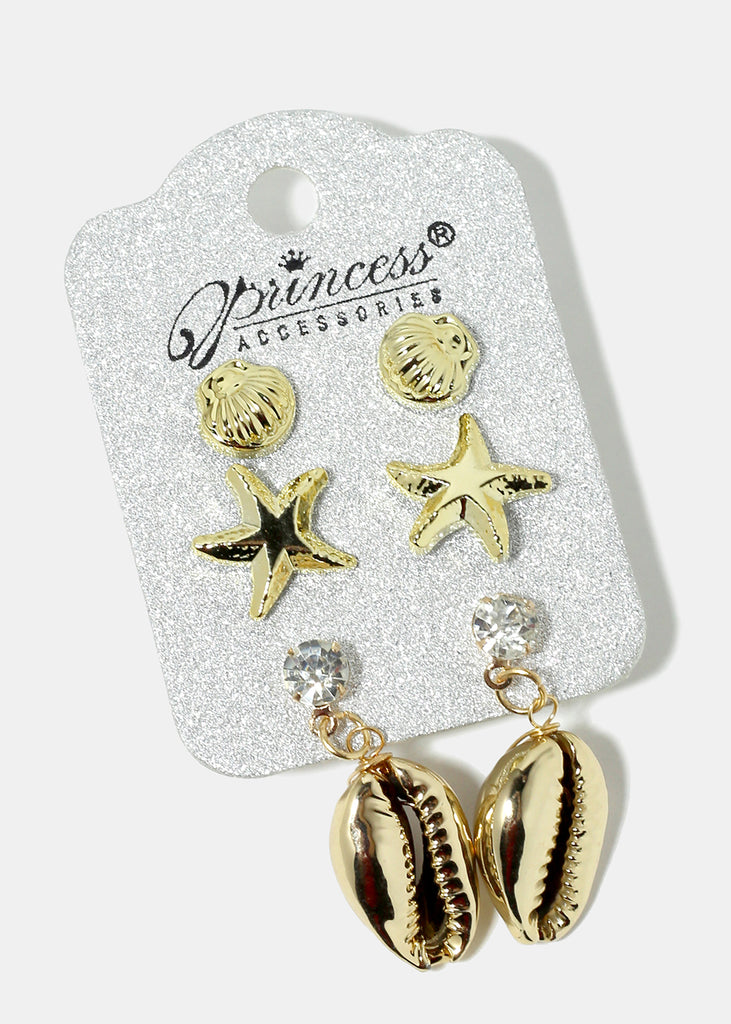 3-Pair Starfish & Cowrie Shell Earrings Gold JEWELRY - Shop Miss A