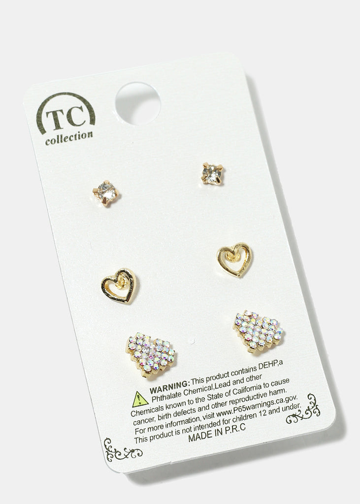 3-Pair Heart Stud Earrings Gold Rainbow Clear JEWELRY - Shop Miss A
