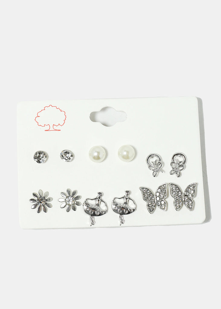 6-Pair Butterfly & Flower Stud Earrings Silver JEWELRY - Shop Miss A