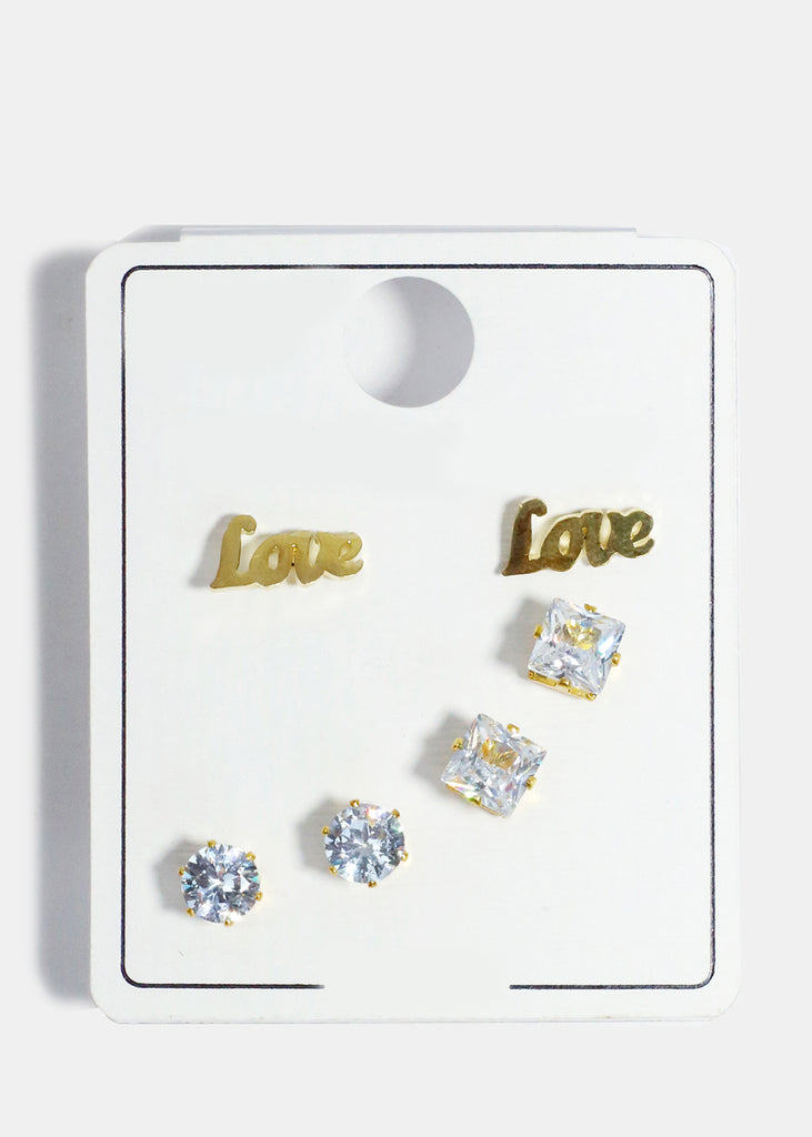 3 Pair "LOVE" & Rhinestone Stud Earrings Gold JEWELRY - Shop Miss A