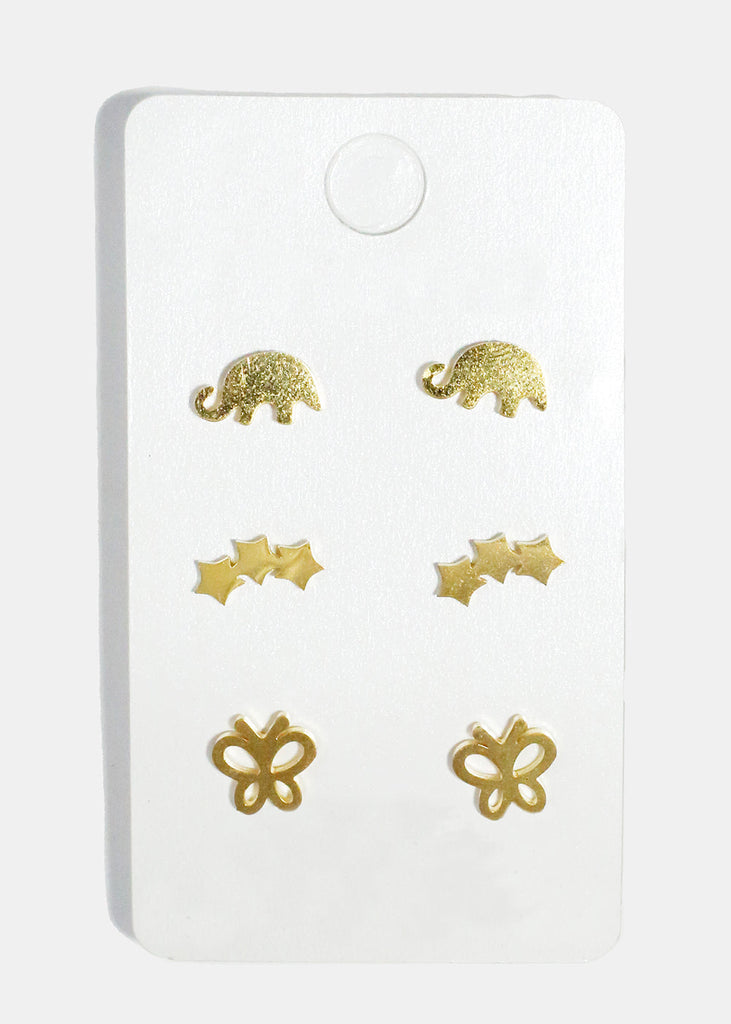 3-Pair Elephant, Star & Butterfly Stud Earrings Gold JEWELRY - Shop Miss A
