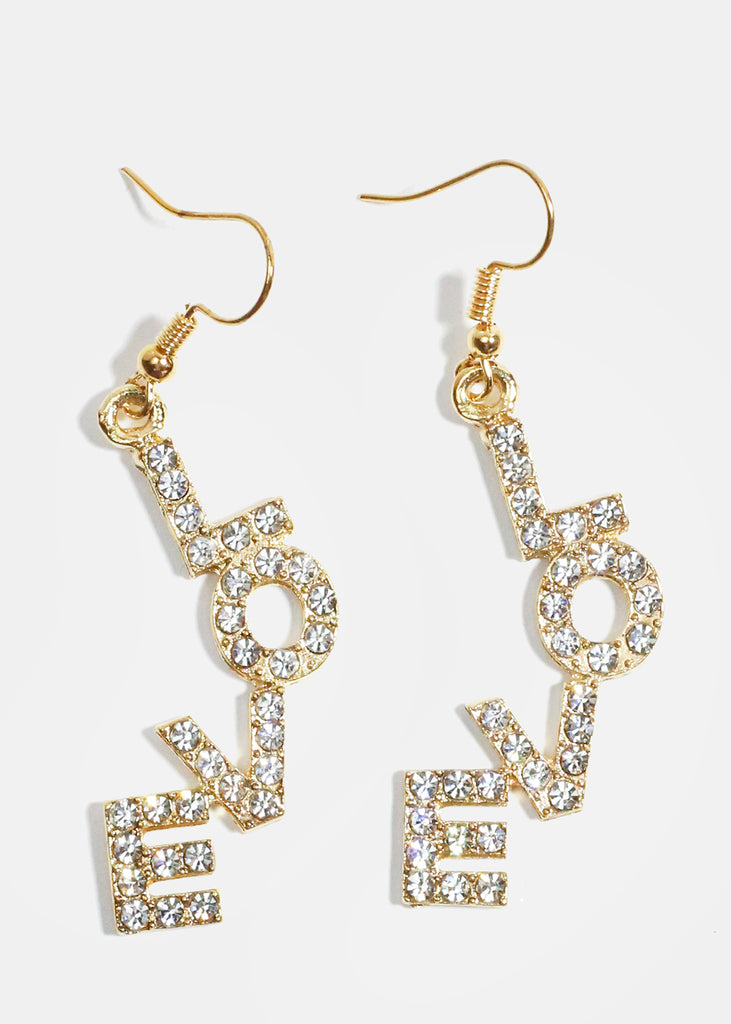 Rhinestone Studded "LOVE" Dangle Earrings Gold JEWELRY - Shop Miss A