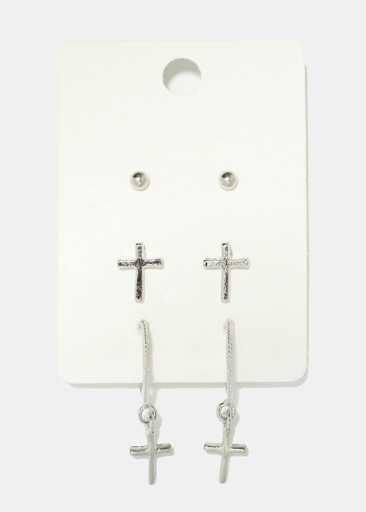 3 Pair Cross Earring Set Silver JEWELRY - Shop Miss A