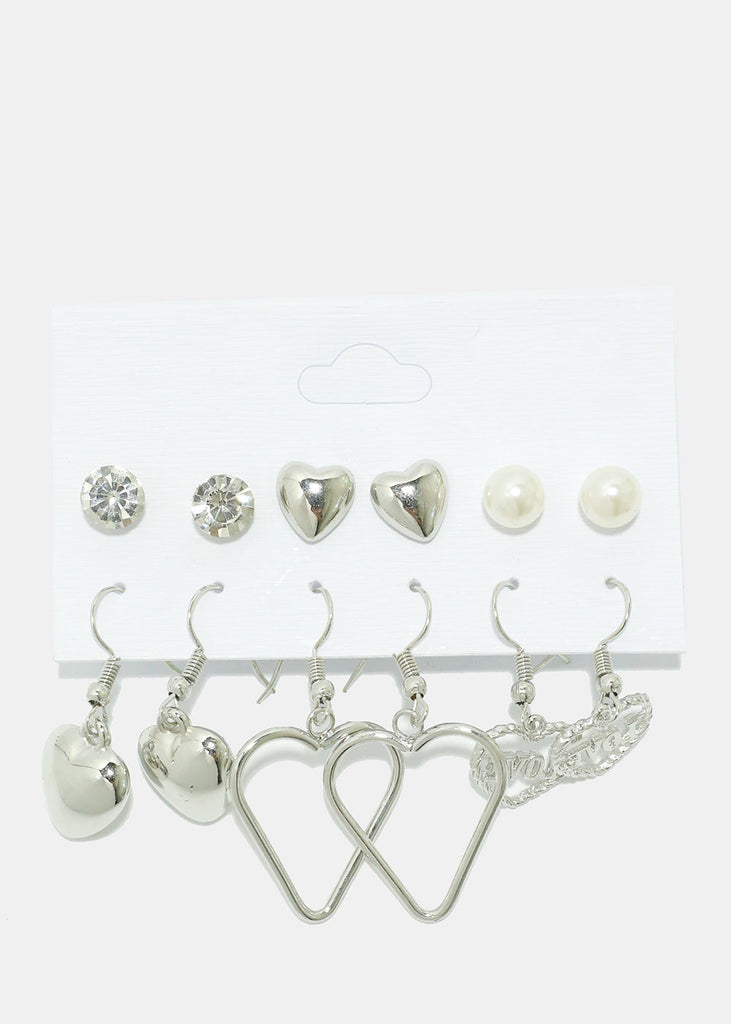 6 Pair Stud & Dangle Heart Earrings Silver JEWELRY - Shop Miss A
