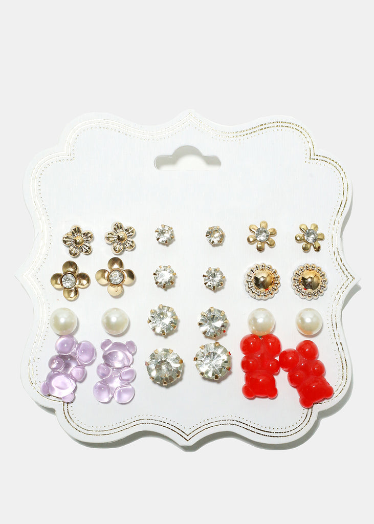 12-Pair Bear Earring Set Gold Red JEWELRY - Shop Miss A