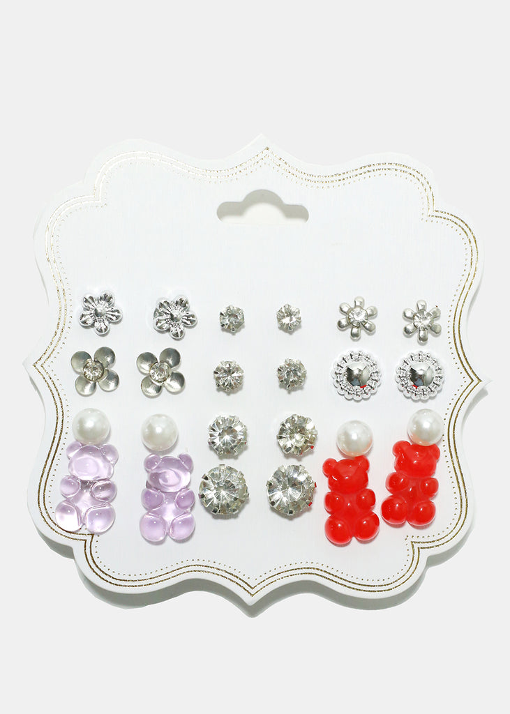 12-Pair Bear Earring Set Silver Red JEWELRY - Shop Miss A