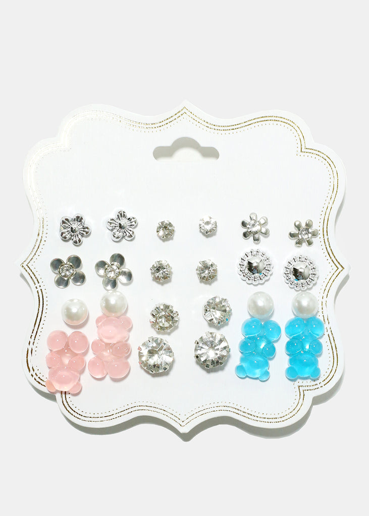12-Pair Bear Earring Set Silver Blue JEWELRY - Shop Miss A