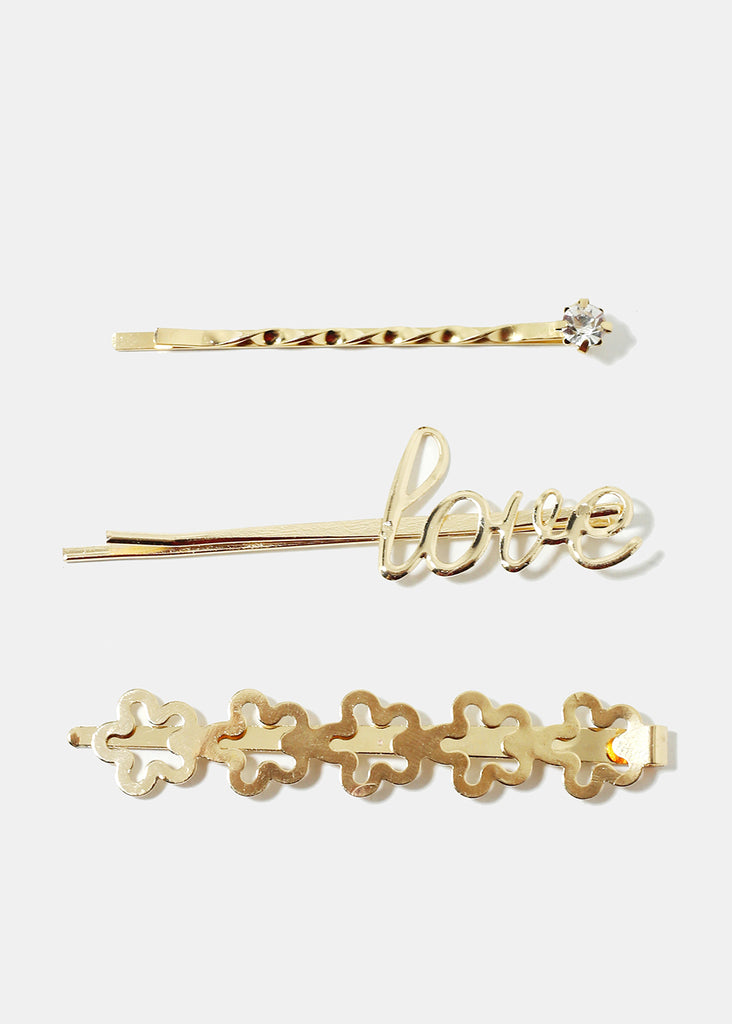 3-Piece "LOVE" & Metal Flower Hair Pins Gold SALE - Shop Miss A