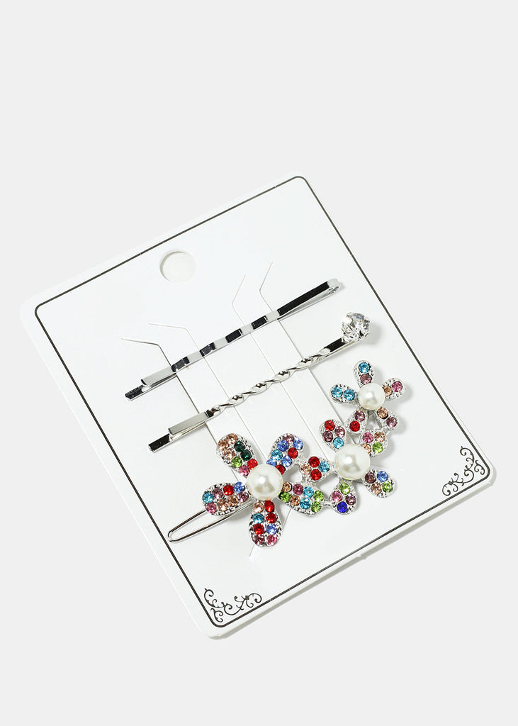 3-Piece Sparkly Flower & Pearl Hairpins Silver Multi HAIR - Shop Miss A